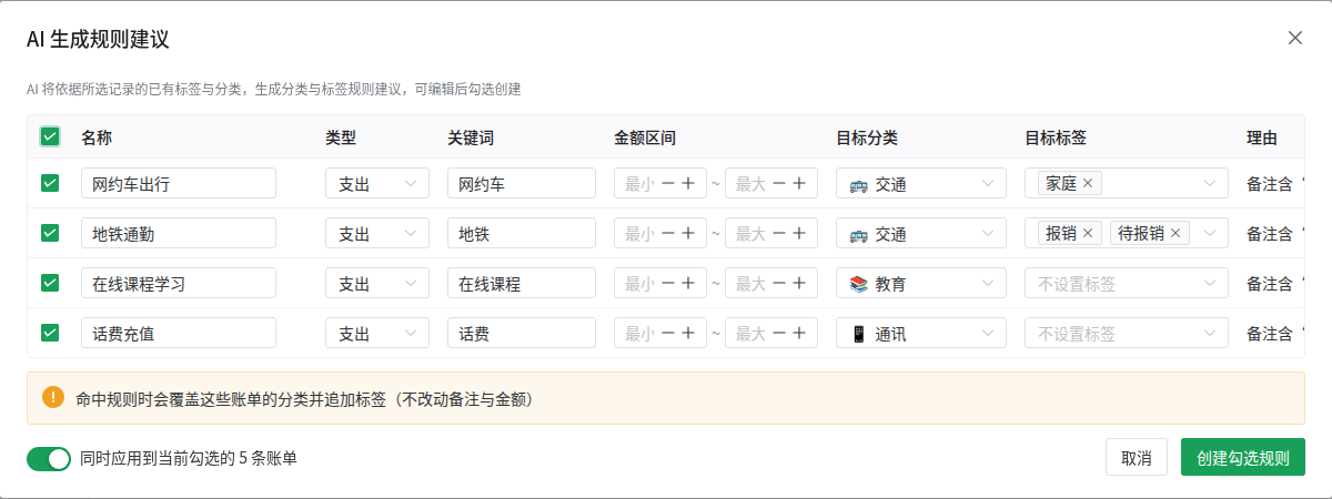 AI 生成规则(收支记录)
